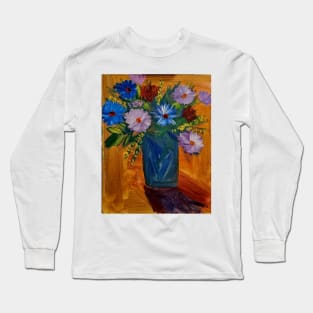 Mixed flowers in blue and silver vase on a colorful tiles background Long Sleeve T-Shirt